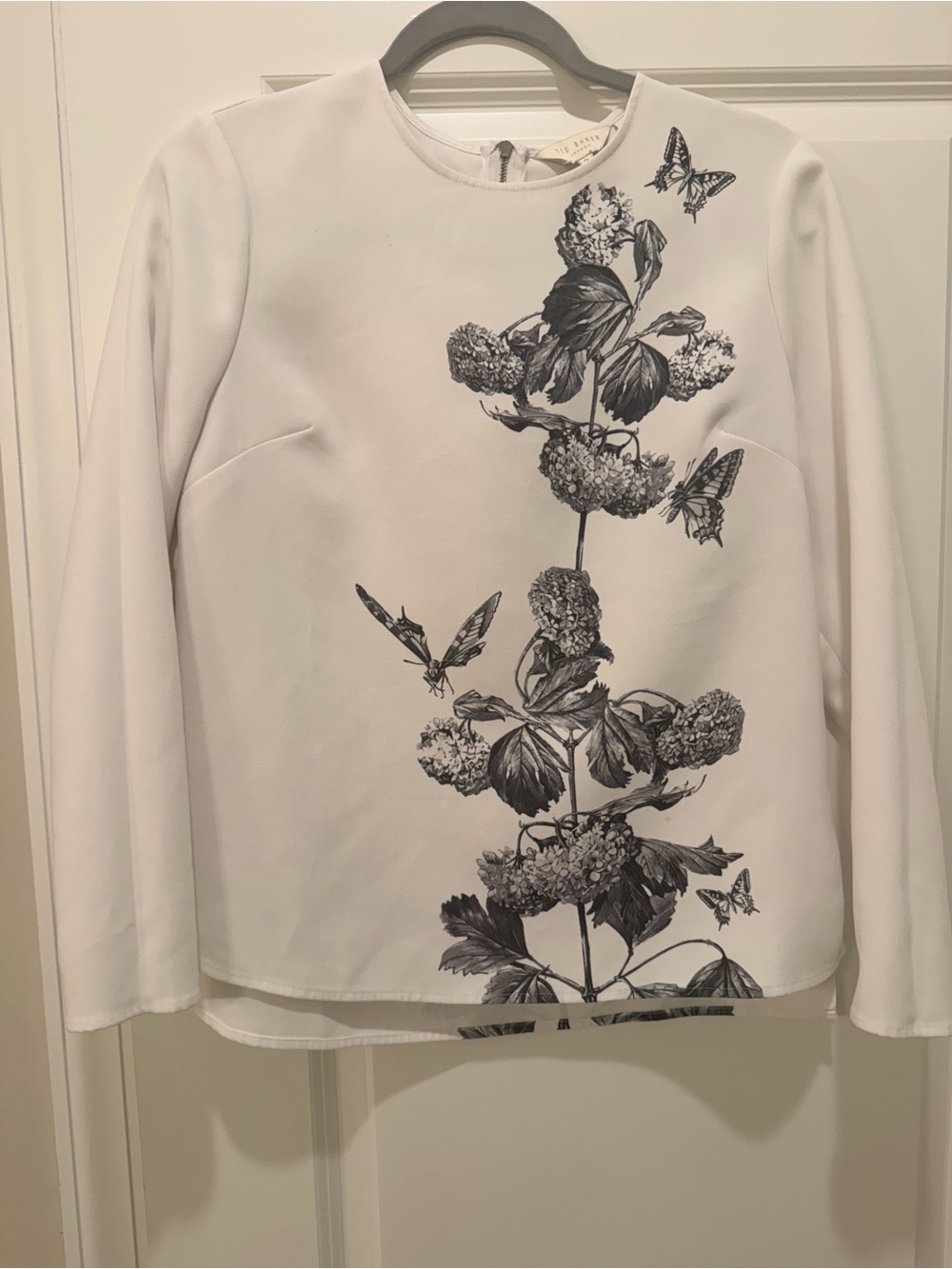 Ted Baker White Long Sleeve Top with Black Botanical Print